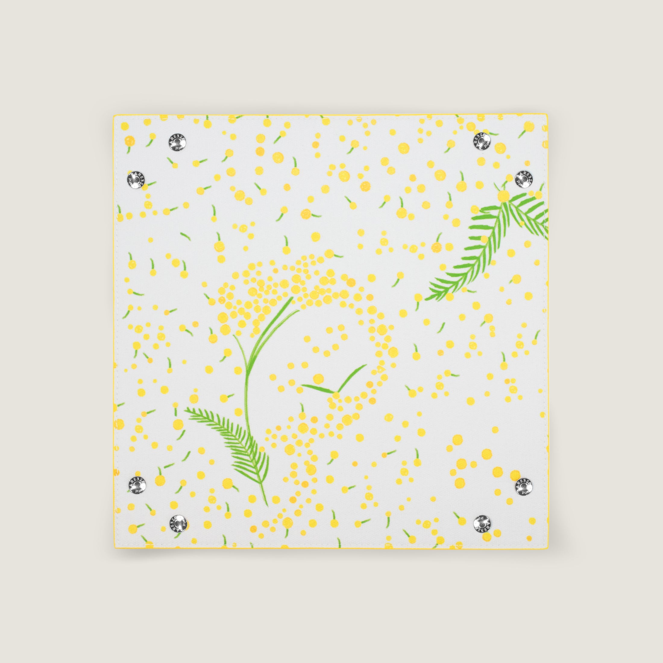 Paresse Paris lifestyle brand home Or Mimosa flowers parisian gifting yellow green prints made in france waterproof coated canvas snap button valet tray travel