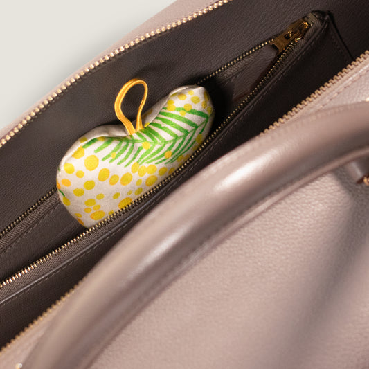 Paresse Paris lifestyle home flowers print yellow green Or Mimosa silk lavender sachet set heart shape beauty accessories gifting made in france parisian