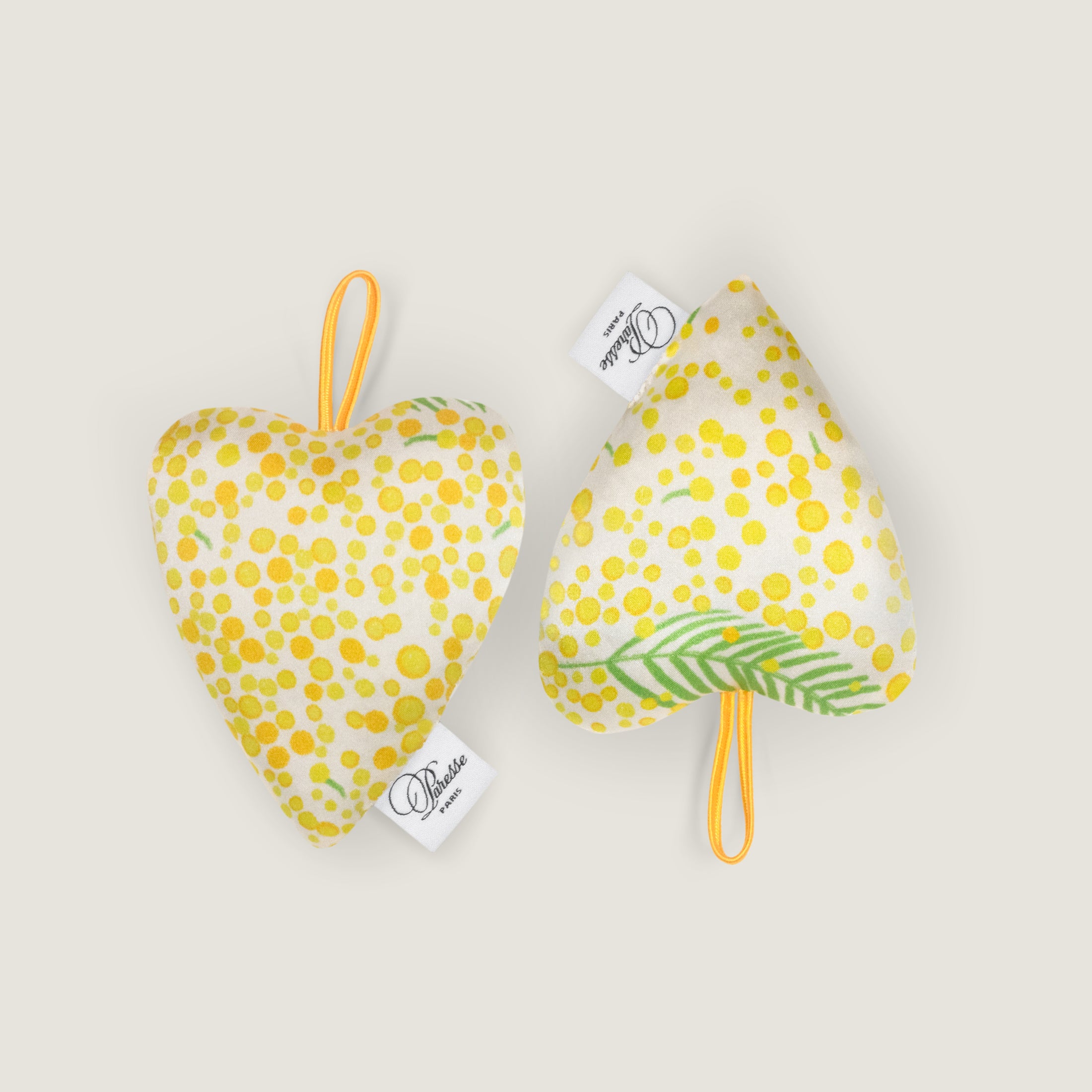 Paresse Paris lifestyle home flowers print yellow green Or Mimosa silk lavender sachet set heart shape beauty accessories gifting made in france parisian