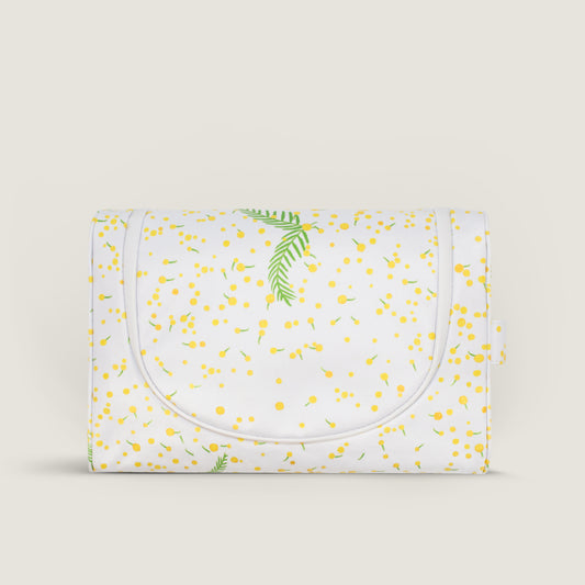 Paresse Paris lifestyle brand home or mimosa flowers parisian gifting yellow green prints made in france waterproof coated canvas toiletry cosmetics case zipper functional travel